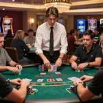Players engaged in blackjack strategy at FAFA 828 casino table, capturing dynamic gameplay.
