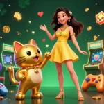 Découvrez un gameplay vibrant dans un casino en ligne avec des personnages joyeux et des éléments de jeu.
