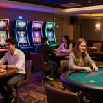 Scène de jeu de casino en ligne avec des amis profitant des machines à sous et du poker, atmosphère vibrante.