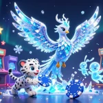 オンラインカジノサイトで有名なキャラクターたちが集い、色とりどりのカジノゲームと楽しむシーン