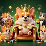 Disfruta de la experiencia en los mejores casinos online en España con un corgi en un trono de fichas y juegos brillantes.