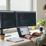Developer using WhatsApp網頁版 at modern workspace with dual monitors and productive atmosphere