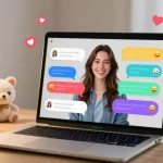 Engaging AI girlfriend interaction on a laptop with vibrant chat bubbles.