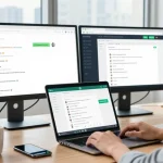Using WhatsApp網頁版 on a laptop in a modern office environment