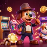 Découvrez une illustration de casino machine à sous en ligne avec des personnages amusants explorant des indices lucratifs.