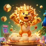 Profitez des meilleurs bonus casino avec un lion radieux et des dés dorés, entourés de machines de jeux animées.