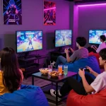 Engaging friends playing an ecchi simulator game in a vibrant gaming lounge