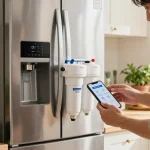 Homeowner installing the Maxblue EDR3RXD1 Replacement for 4396841 water filter in a bright kitchen.