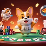 Engage with keo nha cai in this vibrant casino scene where an astronaut corgi floats amidst poker chips and gold coins.