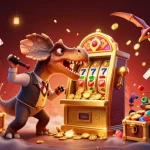 sbobet login action as a dinosaur interacts with a golden slot machine, surrounded by casino elements
