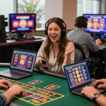 Online casino players enjoying diverse games at thegbhouse.co.uk, showcasing excitement with vibrant graphics.