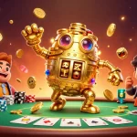 Experience the thrill of toto slot action with an enchanting golden golem surrounded by vibrant casino elements.