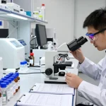 Scientist examining SwissChems peptide samples in a state-of-the-art laboratory.