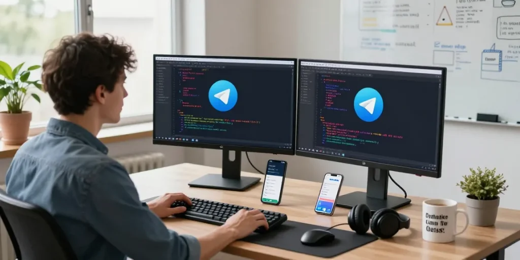 Developer showcasing the features of 纸飞机中文版 in a modern tech workspace.