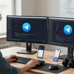 Developer showcasing the features of 纸飞机中文版 in a modern tech workspace.