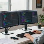 Professional workspace with developer coding on dual monitors, showcasing features of 纸飞机中文版 in a bright, energetic environment.