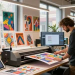 Designer using Poster Making Machines to create vibrant prints in a modern print shop