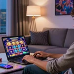 Players enjoying a lively gaming session at spinysoft.co.uk online casino, featuring slots and poker ambiance.