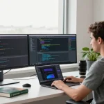 Person coding in a high-tech workspace with multiple screens and bright lighting while using 纸飞机中文版 for efficient communication.