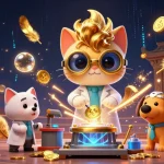Illustration dynamique de casino en ligne France légal avec un chat scientifique et son chien assistant créant une machine à pièces d'or.
