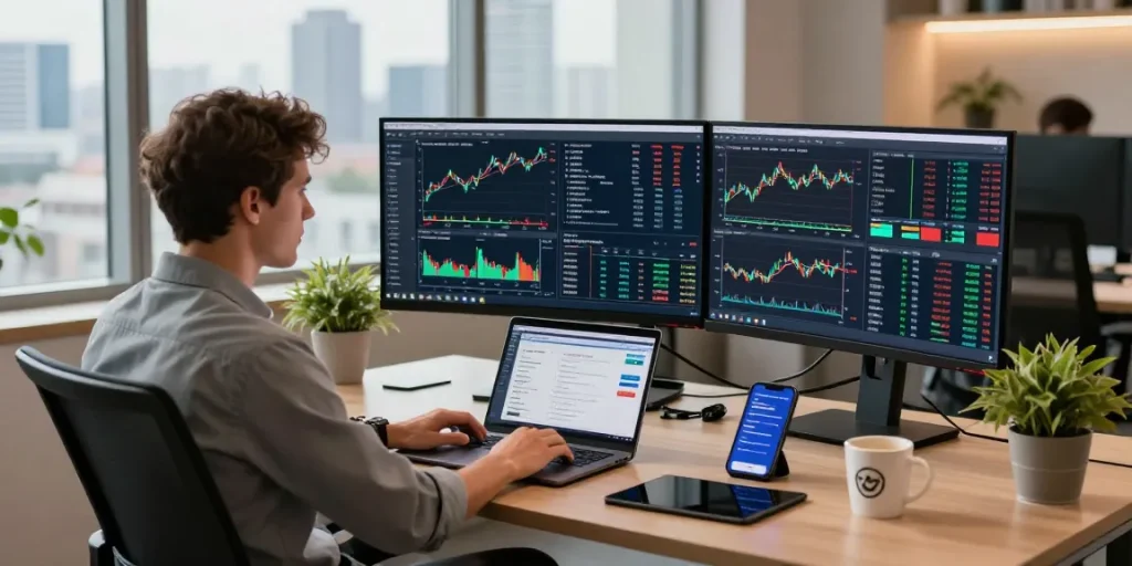 Trader analyzing MetaTrader 5 charts in a modern office workspace with multiple screens and trading tools.
