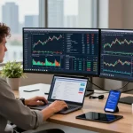 Trader analyzing MetaTrader 5 charts in a modern office workspace with multiple screens and trading tools.