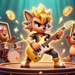 Permainan game gacor77 dengan bintang rock 3D menyerang gitar emas dalam suasana kasino yang meriah.
