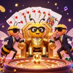 Engage with Sun Win's vibrant casino scene featuring golden coins, a roulette wheel, and a bumblebee boss.