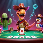Experience situs judi bola excitement with a vibrant 3D poker scene featuring a cowboy dinosaur and friends.