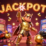 Gulungan slot yang berputar dan simbol keberuntungan dalam gambaran Gacor 77 yang penuh warna.
