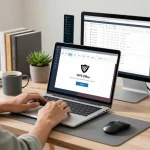 Download WPS Office in a modern home office with laptop and productivity tools.