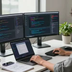 Workspace of a software developer coding on dual monitors, featuring 纸飞机中文版 design tools and project updates in a modern office.