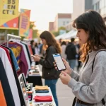 Shopping for trendy items with Mulebuy spreadsheet in urban market.