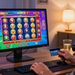 Player at a desktop enjoying games at casinos accepting credit cards, vibrant graphics and card in hand.