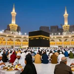 A stunning view of umroh Itikaf in Mecca during Ramadan, showcasing sacred moments of prayer and reflection, filled with travel inspiration and cultural richness.