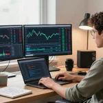 Dynamic trader using mt5 platform in an advanced home office setup with multiple screens.