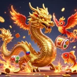 Experience the thrill of winning at slot depo 5rb with a vibrant dragon, phoenix, and koi fish amidst dynamic casino elements.