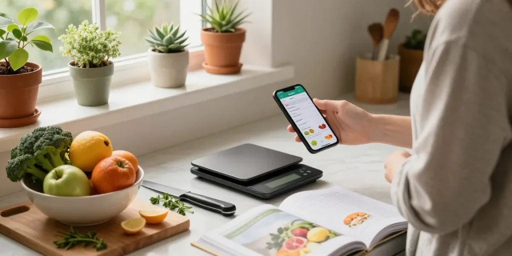 Discover the best food tracking app while logging fresh ingredients in a sunny kitchen.
