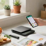 Discover the best food tracking app while logging fresh ingredients in a sunny kitchen.