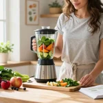 Health tips: Woman making a smoothie with fresh fruits and vegetables in a bright kitchen.