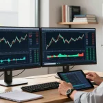 Trader analyzing MetaTrader 4 forex charts in a modern office.